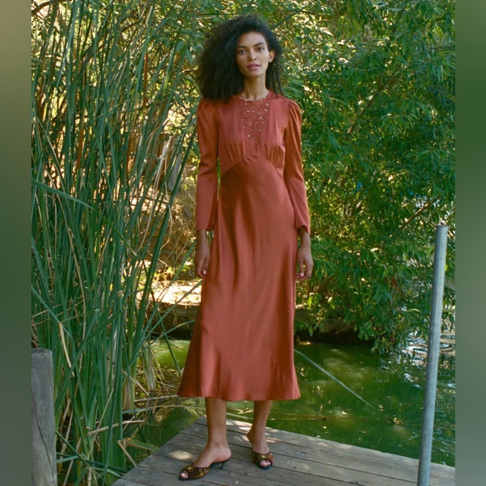 NWT DÔEN Melinda Embroidered Silk Midi Dress in Earthen - Picture 5 of 16